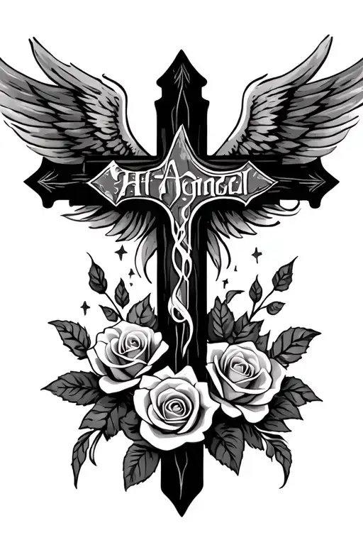 Cross With The Word Angel Down The Midde Of It With Roses As Background