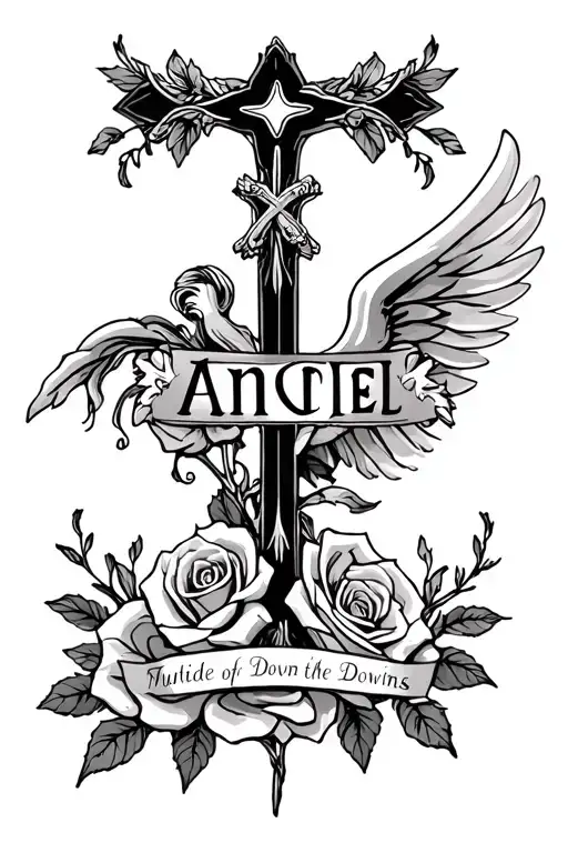 Cross With The Word Angel Down The Midde Of It With Roses As Background