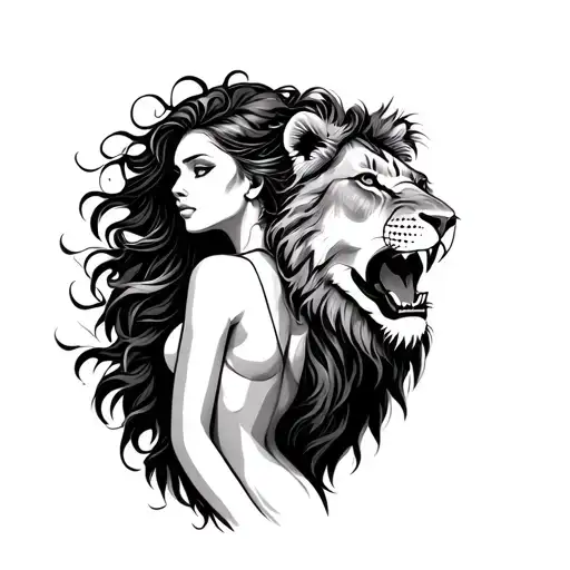 Outline Tatoo Woman And Lion Roaring Through Her Chest Front View