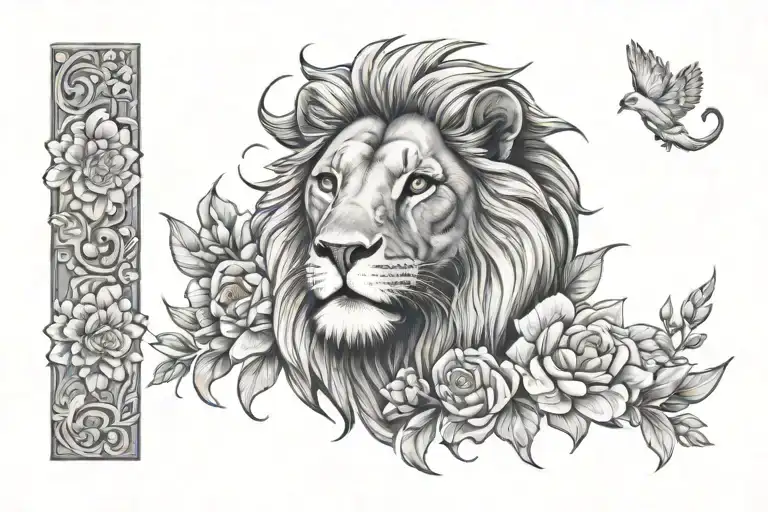 Christian Sleeve With A Lion And Cross And Flowers