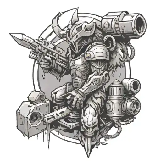 A Mythical Creature Inspired By Gaming Lore With Construction Tools As Weapons