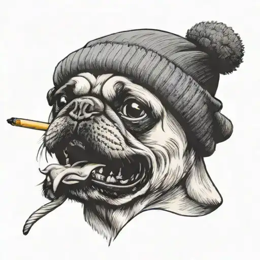 Pug Skull With Beanie Hat And Cigarette In Mouth