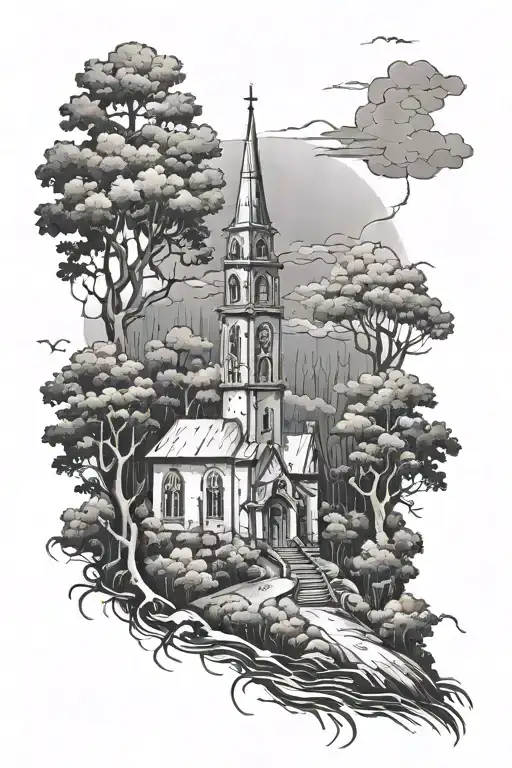 Rundown Church In A Thunderstorm Forest Distant