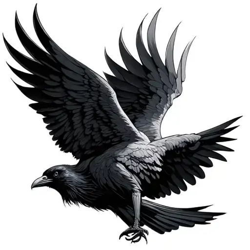 Norse Mythology Black Crow Open Wings Flying