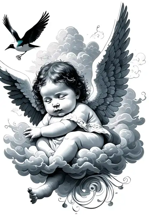 Baby Angel And Clouds And Birds