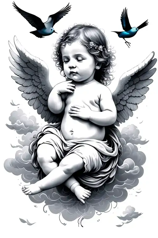 Baby Angel And Clouds And Birds