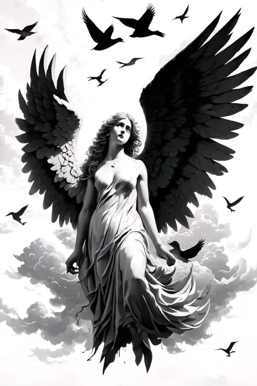 Angel And Clouds And Birds Flying Together