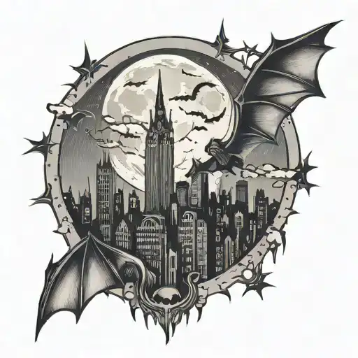 Gotham City With Moon And Bat Signal Shining