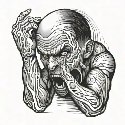 Bicep Fine Line Tattoo With A Distorted Screaming Face With Their Hands Scratching Down Their Face