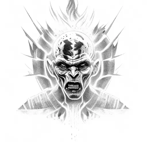 Damaged Ancient Warrior In Hell Surrounded By Fire