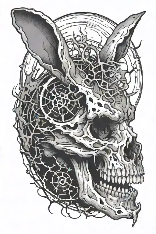 Accurate Rabbit Skull Side Profile Surrounded By Lightning Bolts