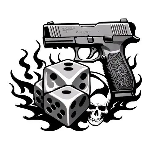 Flaming Dice With Glock And Skulls