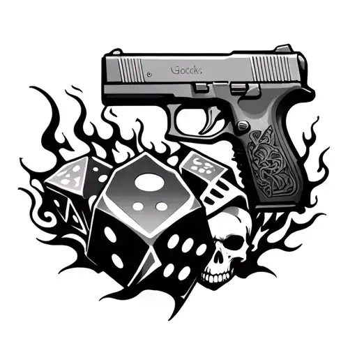 Flaming Dice With Glock And Skulls