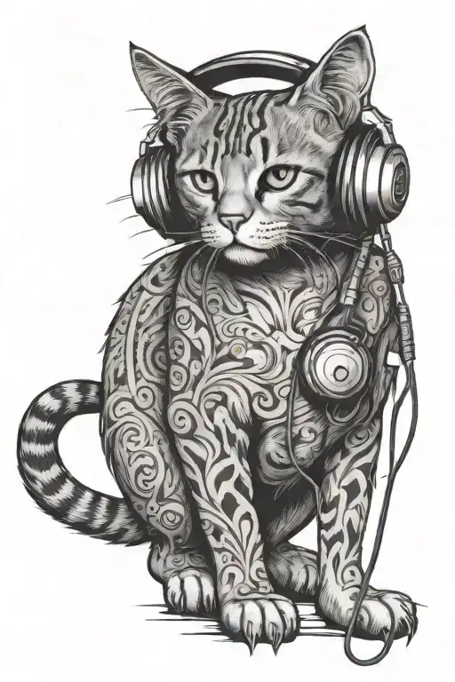 A Standing Full Body Cat With Headphones Listening To Music