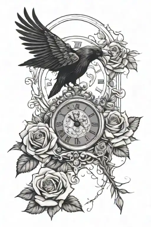 Roses And Raven And Clock Mechanism Intertwined