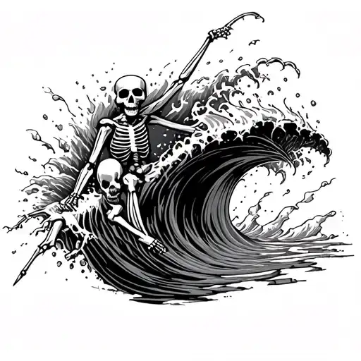 Skeleton Riding Into Tube Wave Crashing