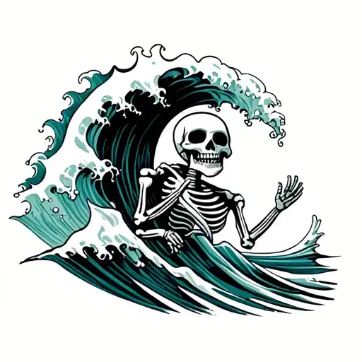 Smiling Skeleton Riding Into Tube Wave Holding A Hand In The Wave