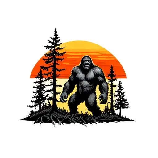 Bigfoot Hidding In Trees Colors Sunset