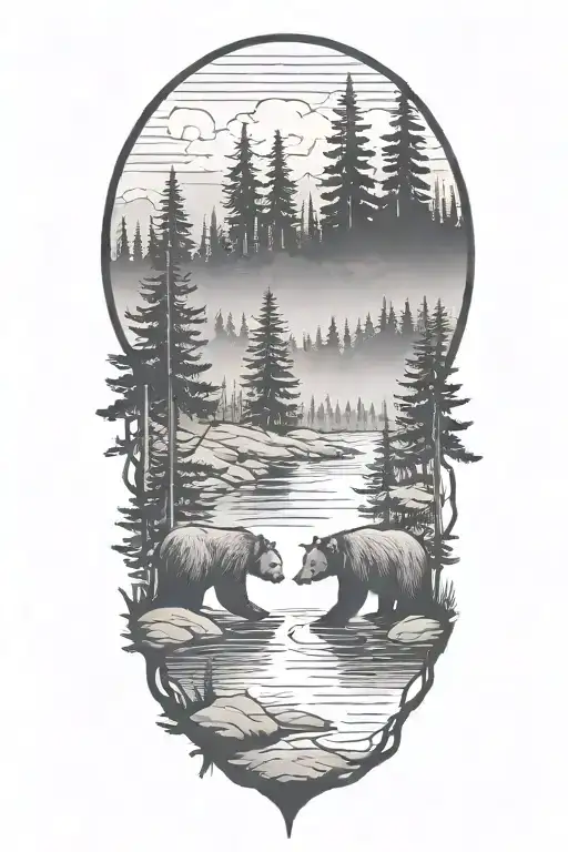 Small River Fir Trees Bear In Middle Fog