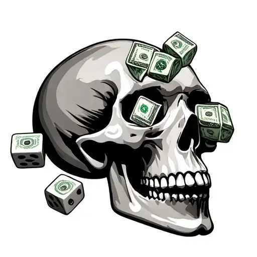 Skull With Random Dice And Dollars