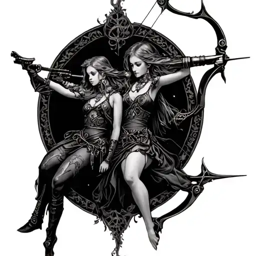 Gothic Steampunk Sagittarius Archer Shooting Representing Two Daughters