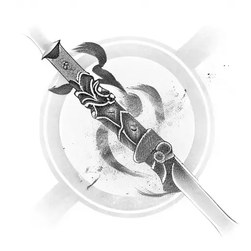 A Black-grey Tattoo Of Japanese Text Forming The Shape Of Katana