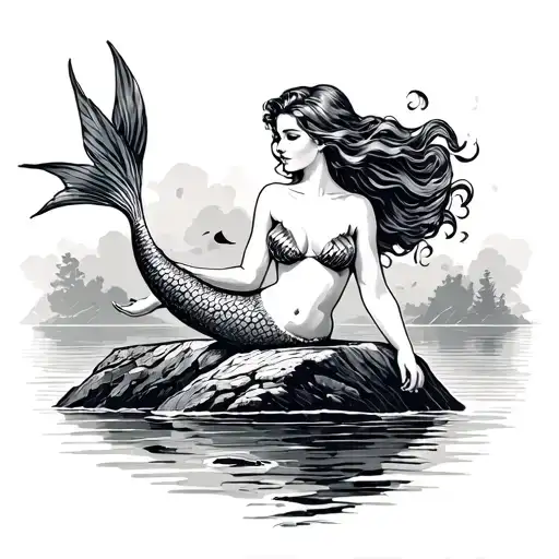 Vintage Illustration Of Beautiful Mermaid On A Rock Looking
