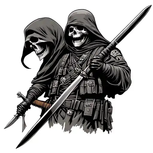 Amry Soldier Holding Grim Reaper From Behind With Bayonet