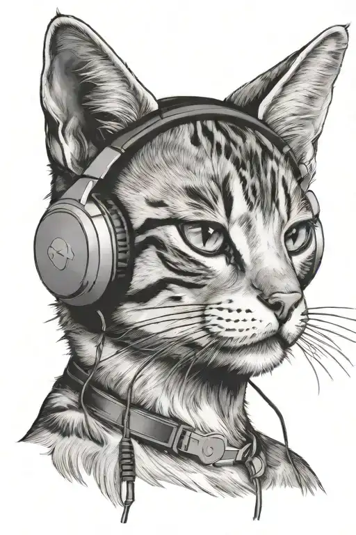 A Standing Cat With Headphones Listening To Music
