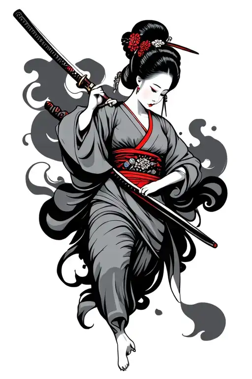 Geisha With Flowing Kimono Holding A Katana