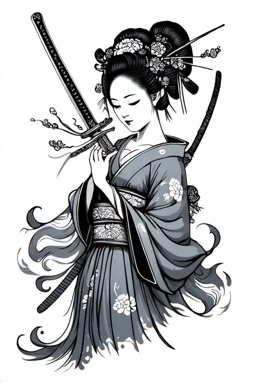 Geisha With Flowing Kimono Holding A Katana