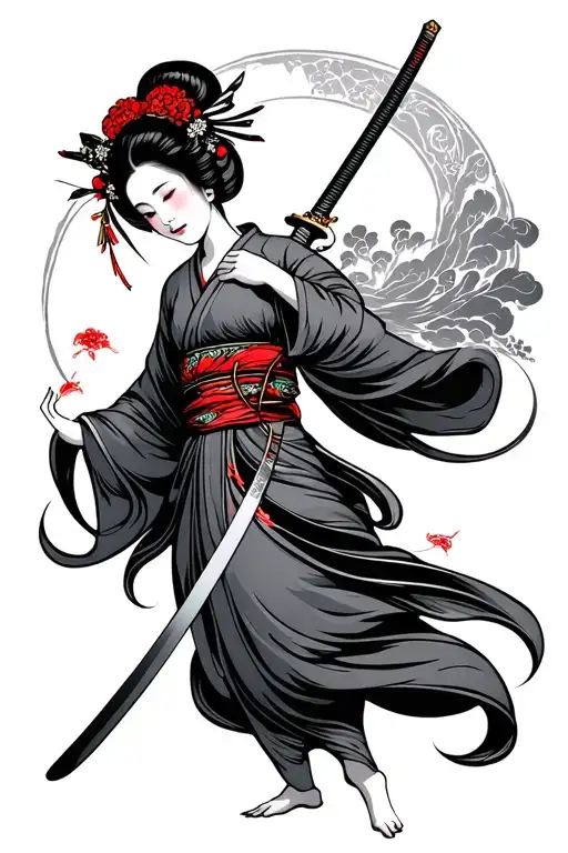 Geisha With Flowing Kimono Holding A Katana