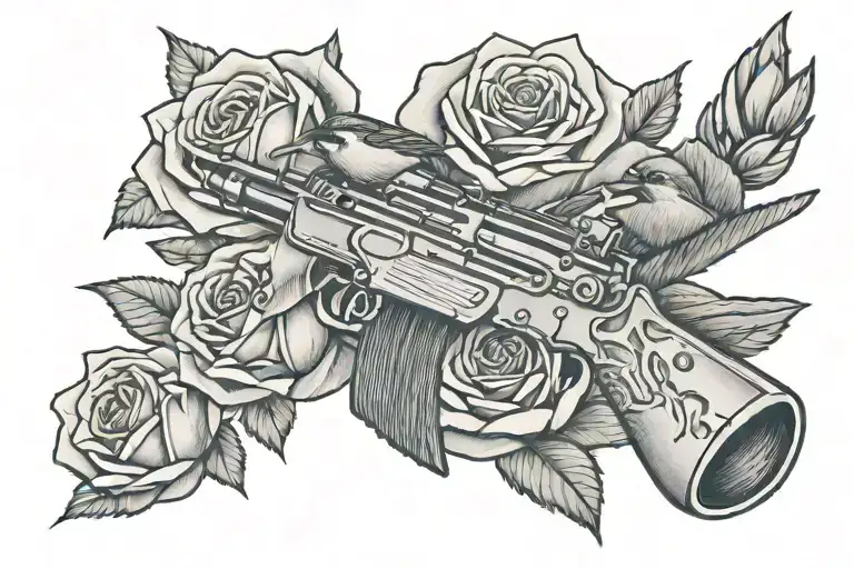 A Sparrow Flying While Holding An Ar15 Rifle In Its Claws With 3 Roses As The Background