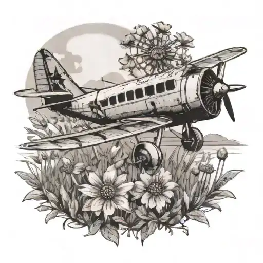 A Vintage Airplane Flying Over A Field Of Blooming Wildflowers