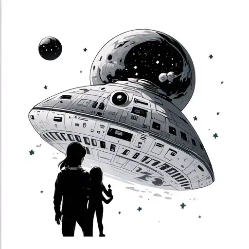 Man And Daughter Looking Up At A Spaceship