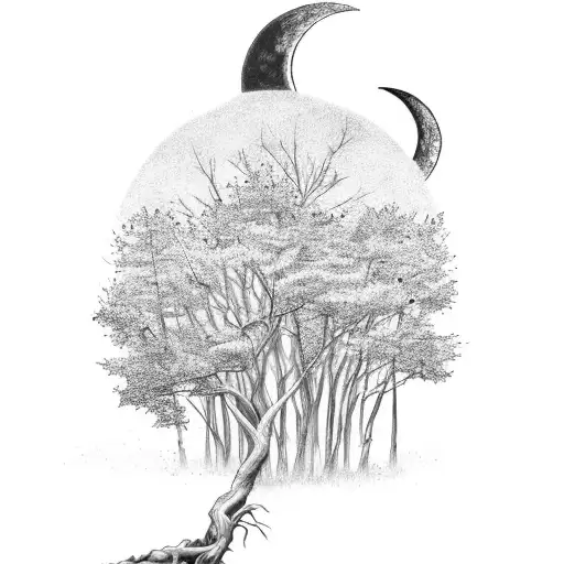 A Serene Autumn Landscape With Colorful Fall Leaves And A Crescent Moon In The Night Sky