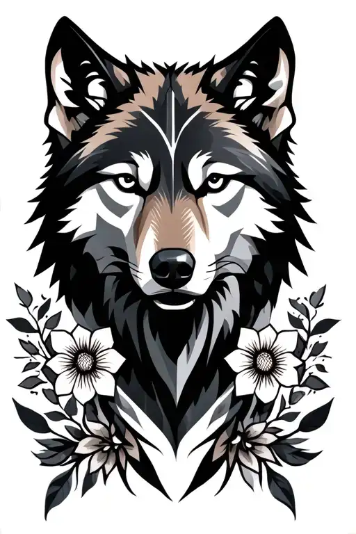 Wolf Head Woth Geometric Shapes And Flowers