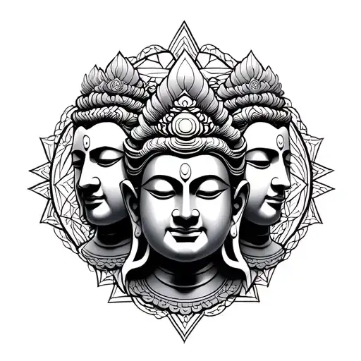 Tiebtan Buddhist Gods Heads Stacked With Sacred Geometry Surrounding The Heads Stacked Up