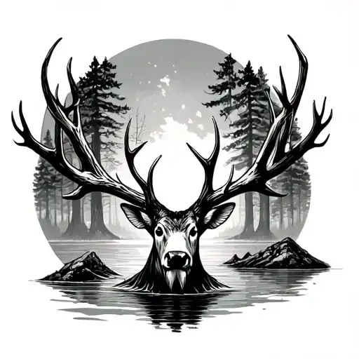 Deer Antler Fish Rifle Fishing Pole Cross Tree Forest Intertwined