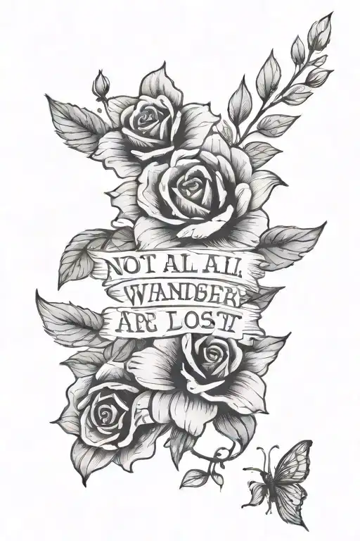 A Combination Of Floral Elements And The Quote 'Not All Who Wander Are Lost' In A Black-grey Style