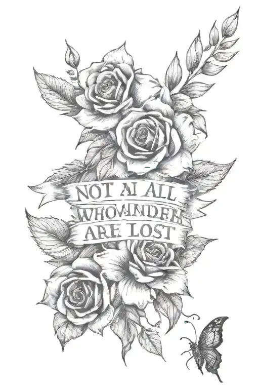 A Combination Of Floral Elements And The Quote 'Not All Who Wander Are Lost' In A Black-grey Style