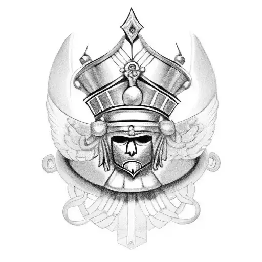 A Black-grey Tattoo Of A Traditional Irish Claddagh Ring Combined With A Polish Hussar Helmet