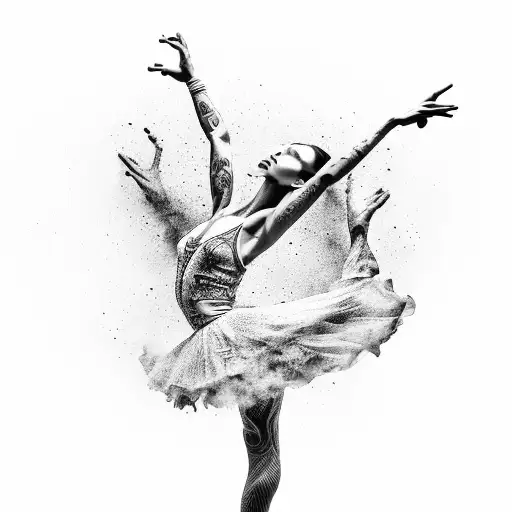 A Black-grey Tattoo Of A Dancer Gracefully Moving Amidst Chaos And Pain