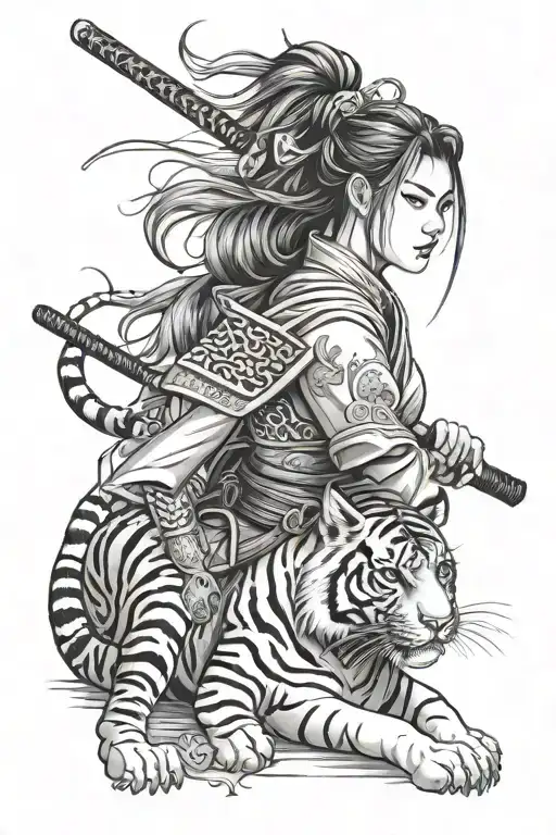 Samurai Woman Warrior With Tiger