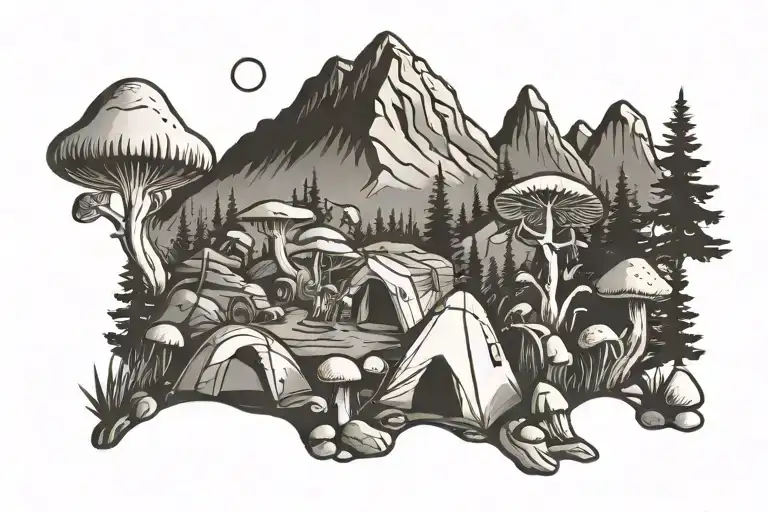 Mountain Camping Scene With Mushrooms