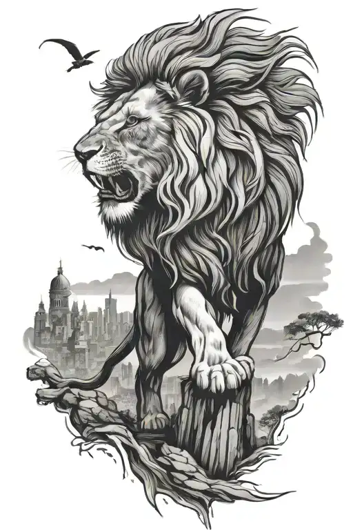 A Lion Roaring And Standing On A Cliff Looking Over A City