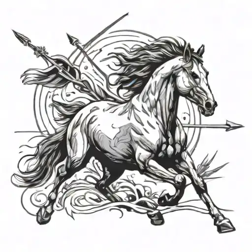 Wild Horse Running In Field With Crossed Arrows Behind It