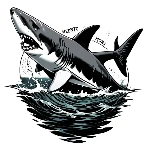 A Quote Saying Memento Mori With A Shark In The Middle Swiming On Its Side With The Mouth Open
