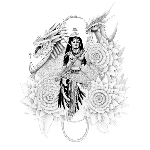 A Native Indian Woman Riding A Dragon Through A Garden Of Dahlias