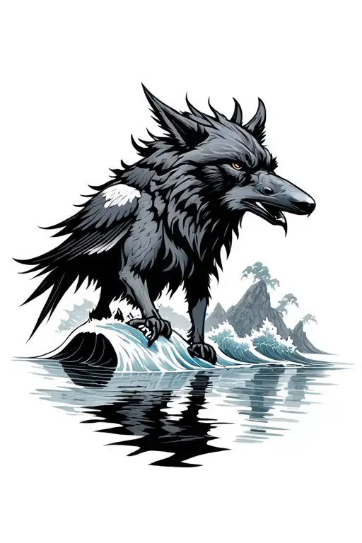 Japanese Demon Wolf Guided By Raven Sourrounded By Lake Waves